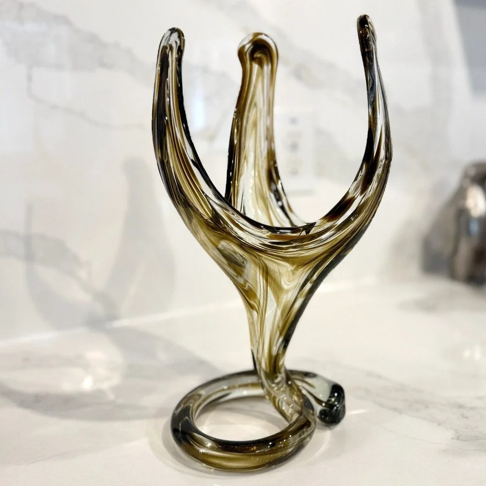 Art Glass Vase Smoky Amber Brown Swirl Hand‎ Blown Abstract Snake Base 12 Inch